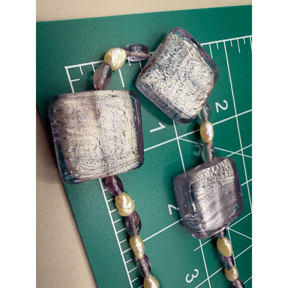 Artisan Venetian Glass Silver Foil Square Bead & Freshwater Pearl Necklace 19" - Picture 12 of 15